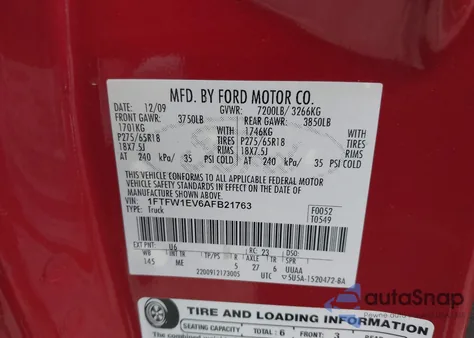 2010 Ford F-150 Fx4/Harley-Davidson/King Ranch/Lariat/Platinum/Xl/Xlt from USA, damaged, VIN 1FTFW1EV6AFB21763